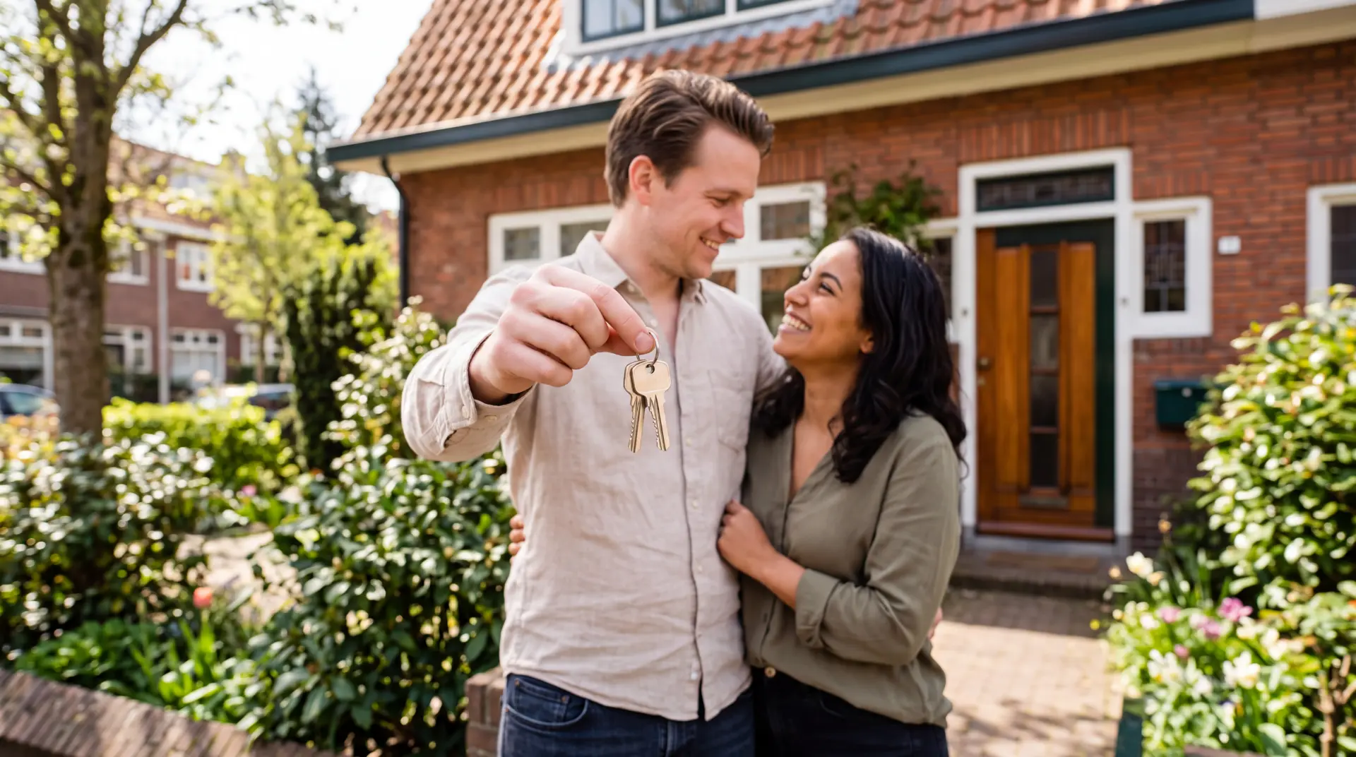 Jong stel met de sleutels van hun nieuwe woning